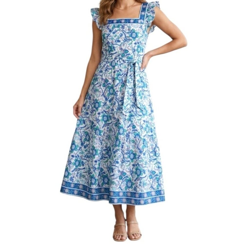Talbots Voile Blue  & White Floral Songbird  Cottagecore Prairie Dress Size 4